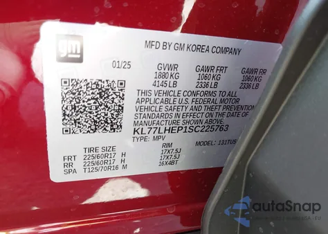 2025 Chevrolet Trax Fwd Lt z USA, uszkodzony, nr VIN KL77LHEP1SC225763